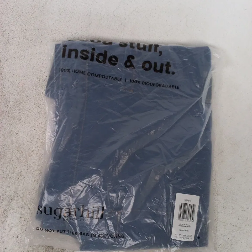BAGGED SUGARHILL VAYDA SCALLOP DENIM MINI SKIRT IN INDIGO DENIM SIZE UK 18