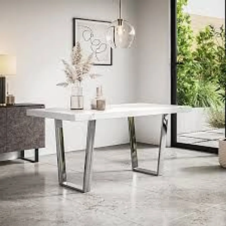 BOXED ARIA WHITE MARBLE-EFFECT DINING TABLE WITH CHROME LEGS (2 BOXES)