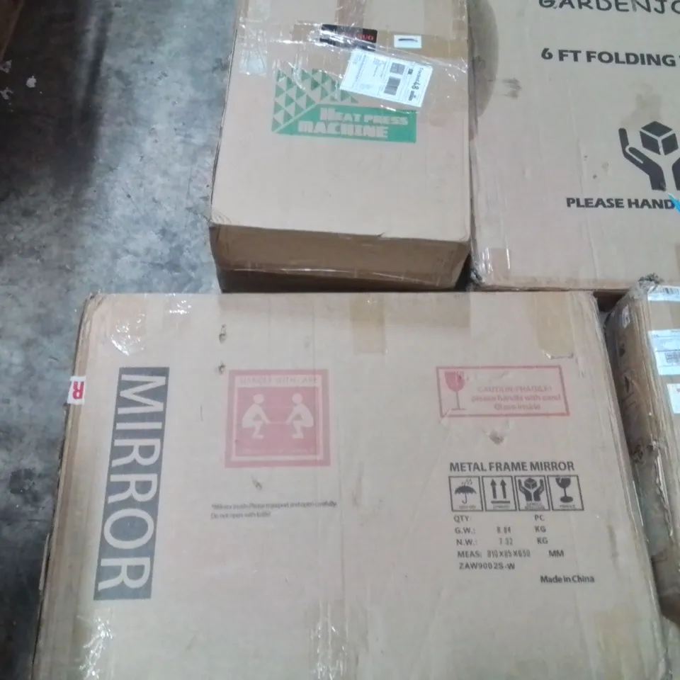PALLET CONTAINING ASSORTED PRODUCTS INCLUDING: HEAT PRESS MACHINE, COFFEE TABLE, TV STAND, MIRROR, 6FT FOLDING TABLE ECT