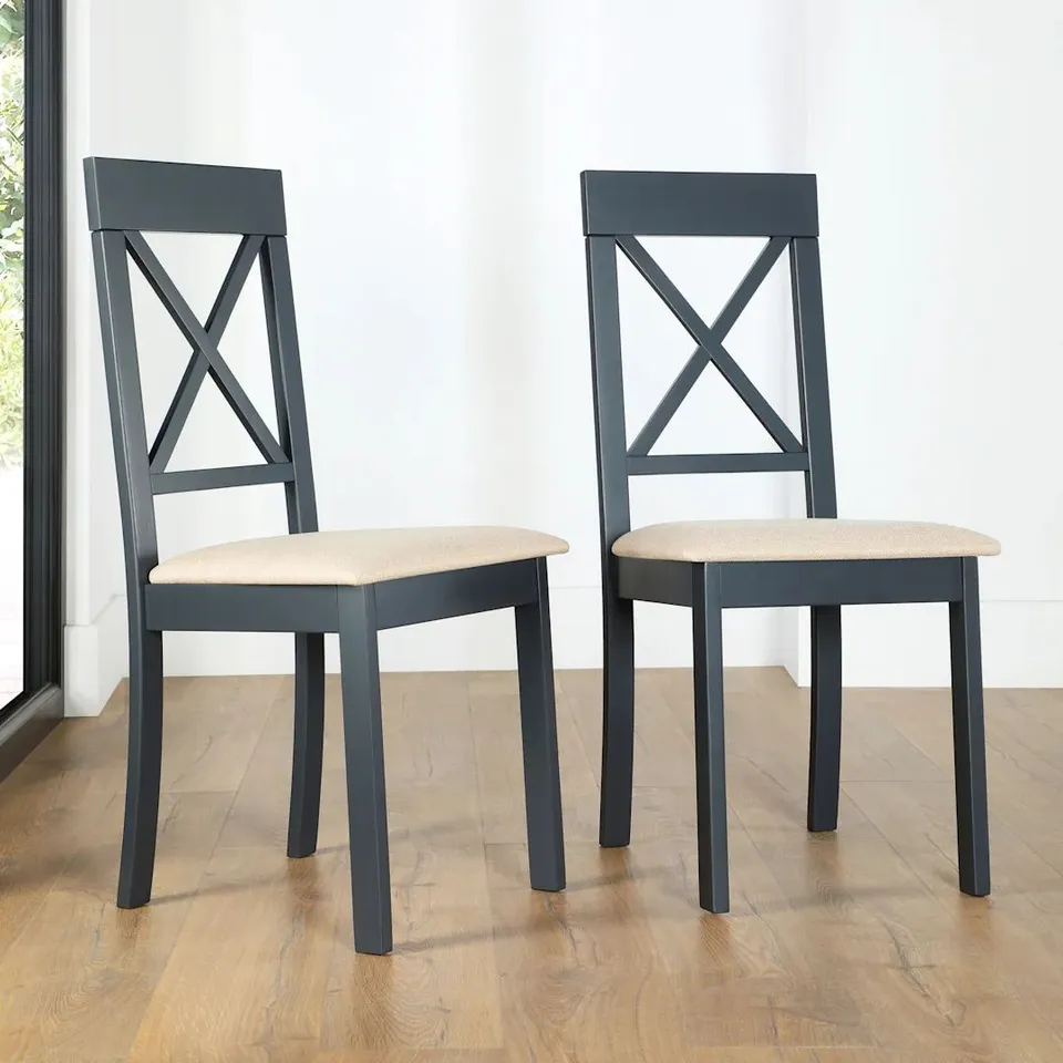 BOXED KENDAL DINING CHAIR, OATMEAL CLASSIC LINEN-WEAVE FABRIC & SLATE BLUE SOLID HARDWOOD