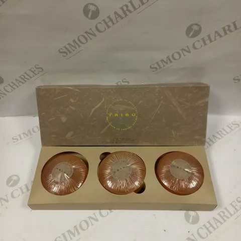 BOX OF 2 TRIBU FRAGRANT BATH SOAPS WITH DISH