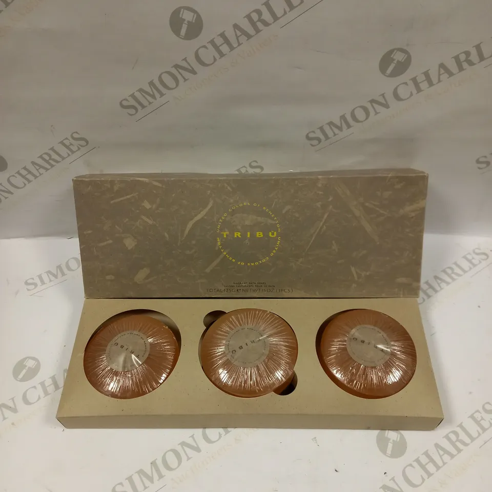 BOX OF 2 TRIBU FRAGRANT BATH SOAPS WITH DISH  