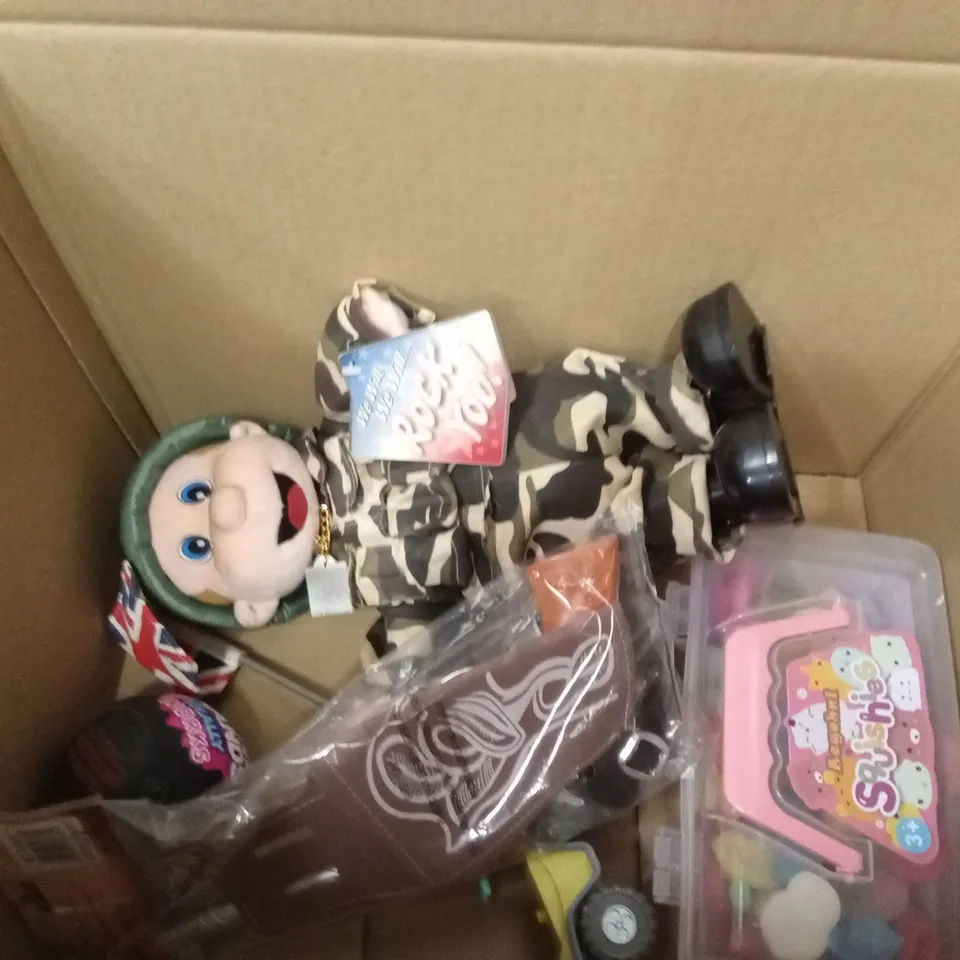 BOX OF ASSORTED KIDS TOYS AND PRODUCTS TO INCLUDE;QUINN AND CHARLIE TOY,SONIC THE HEDGEHOG LAMBORGHINI AVENTADOR CAR,ETC