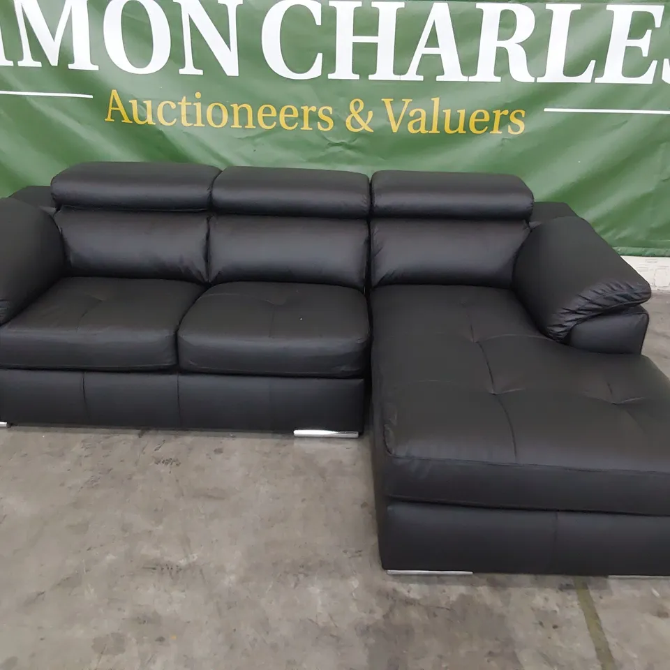 DESIGNER ITALIAN STYLE CHAISE SOFA WITH ADJUSTABLE HEADRESTS BLACK LEATHER 