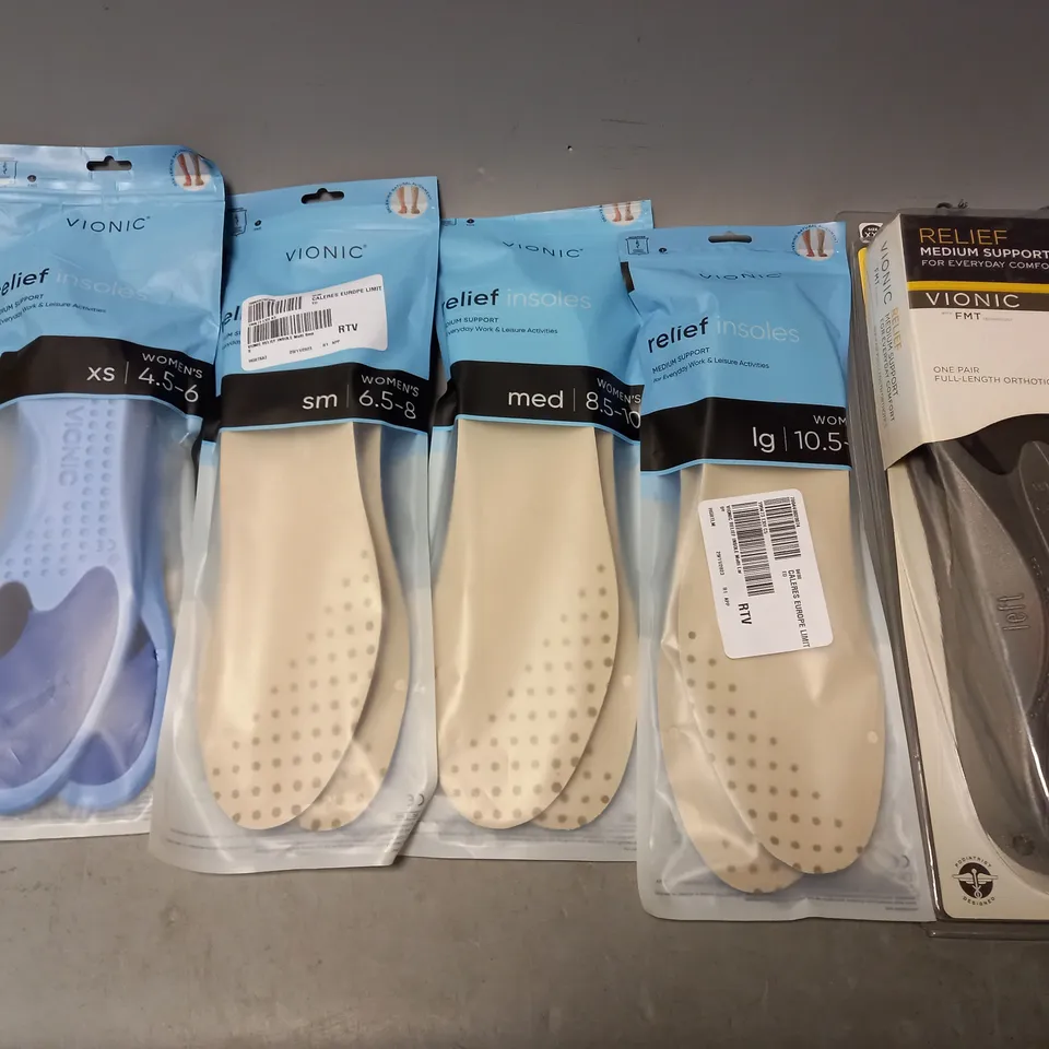 BOX OF APPROXIMATELY 20 ASSORTED VIONIC RELIEF INSOLES IN VARIOUS SIZES AND COLOUR 