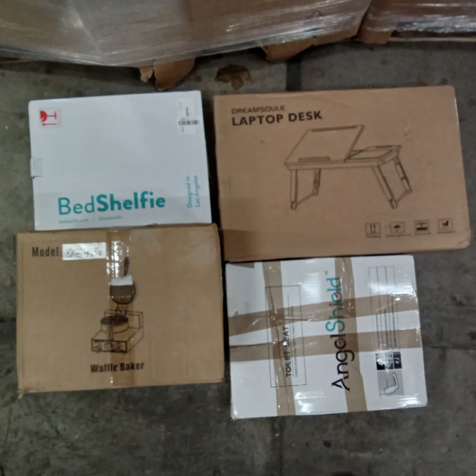 PALLET OF ASSORTED ITEMS INCLUDING DREAMSOULE LAPTOP DESK, ANGELSHIELD TOILET SEAT, WAFFLE BAKER, BED SHELFIE, PROSCENIC AIR FRYER 
