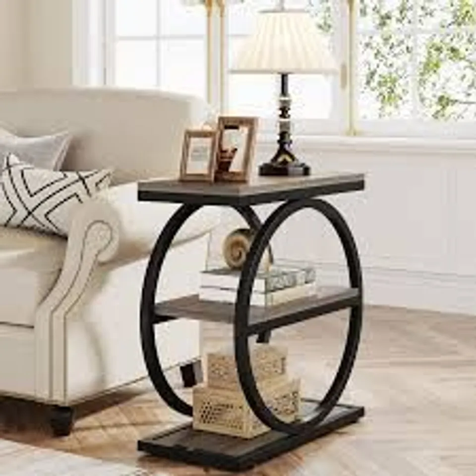 BOXED TRIBESIGNS 3-TIER END TABLE, INDUSTRIAL SOFA SIDE TABLE WITH ROUND METAL FRAME (1 BOX)