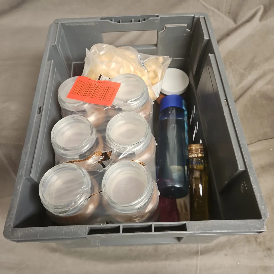 TOTE OF APPROXIMATELY 11 ASSORTED FOOD AND DRINK ITEMS TO INCLUDE LOR COFFEE , HONEY , OLIVE OIL , ETC 