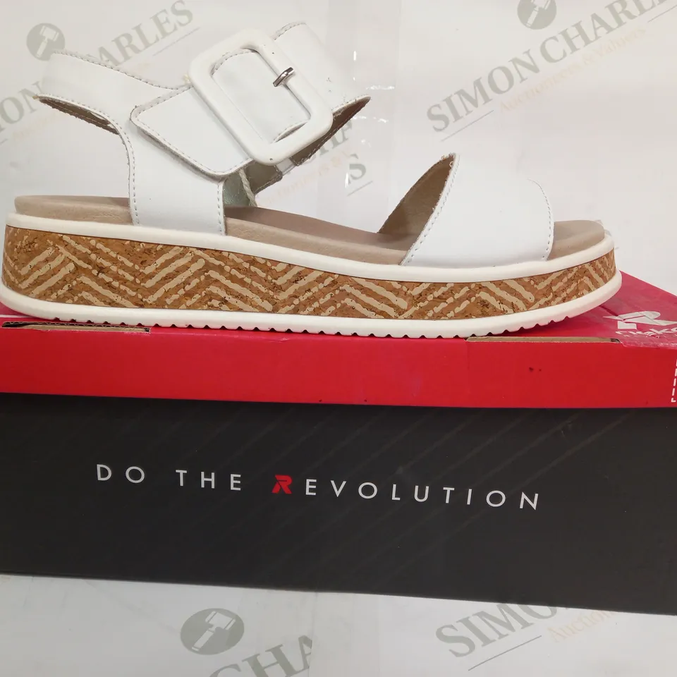 BOXED PAIR OF RIEKER REVOLUTION OPEN TOE LOW WEDGE SANDALS IN WHITE EU SIZE 39