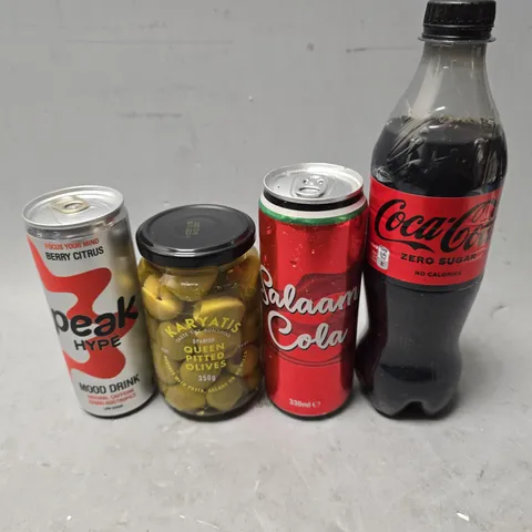 APPROXIMATELY 12 ASSORTED FOOD & DRINK ITEMS TO INCLUDE - SALAAM COLA , COCO COLA NO SUGAR , QUEEN PITTED OLIVES ETC