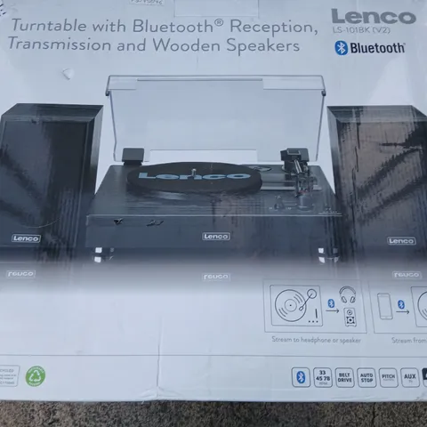 BOXED LENCO LS-101BK TURNTABLE WITH BLUETOOTH RECEPTION TRANSMISSION AND WOODEN SPEAKERS