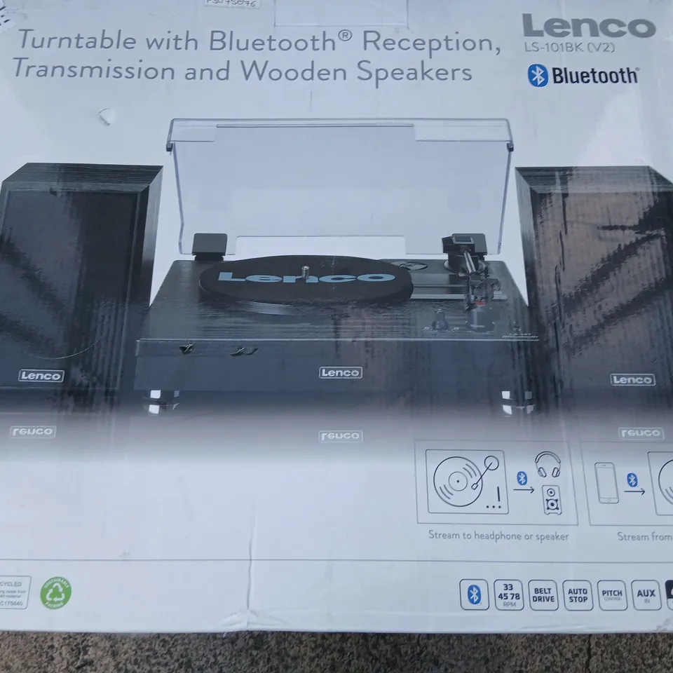 BOXED LENCO LS-101BK TURNTABLE WITH BLUETOOTH RECEPTION TRANSMISSION AND WOODEN SPEAKERS
