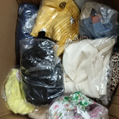 BOX OF APPROXIMATELY 20  ASSORTED  CLOTHING ITEMS IN VARIOUS STYLES , COLOURS AND SIZES 