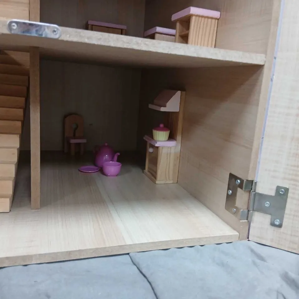 VINTAGE WOODEN DOLL'S HOUSE WITH MINIATURE FURNITURE – PINK EXTERIOR, 3-STOREY