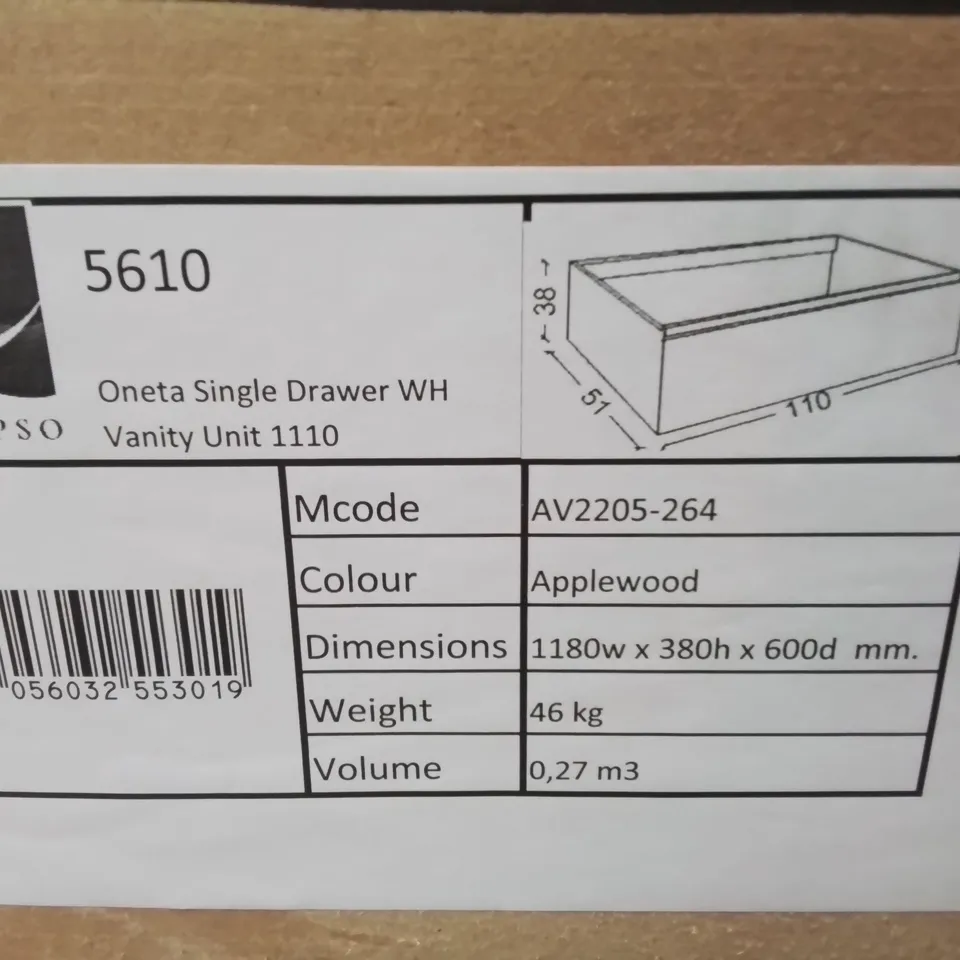 BOXED AS NEW CALYPSO ONETA SINGLE DRAWER WH VANITY UNIT IN APPLEWOOD - 1180X380X600MM