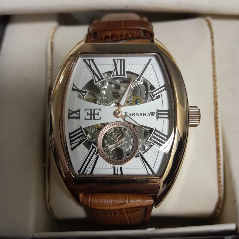 EARNSHAW HALF SKELETON DIAL STAINLESS STEEL GENTS WATCH WITH BROWN LEATHER STRAP