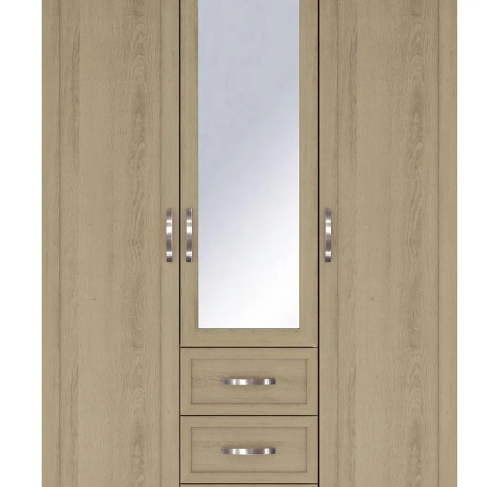 BOXED CAMBERLEY 3 DOOR 3 DRAWER MIRRORED WARDROBE OAK (BOX 2 OF 2 )
