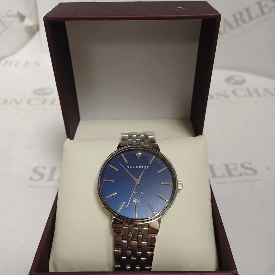 BOXED ACCURIST DIAMOND SILVER WATCH WITH BLUE FACE 