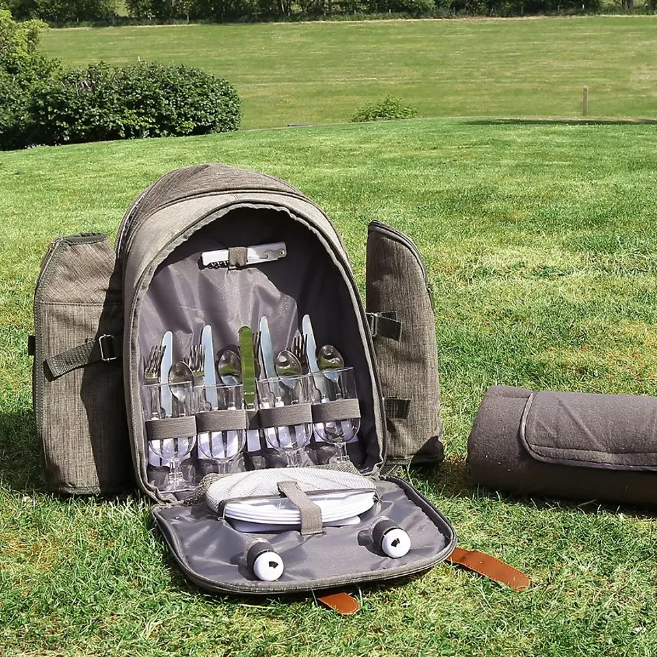 BRAND NEW BOXED GREY 4 PERSON PICNIC BAG BACKPACK WITH CUTLERY, PLATES, BLANKET (1 BOX)