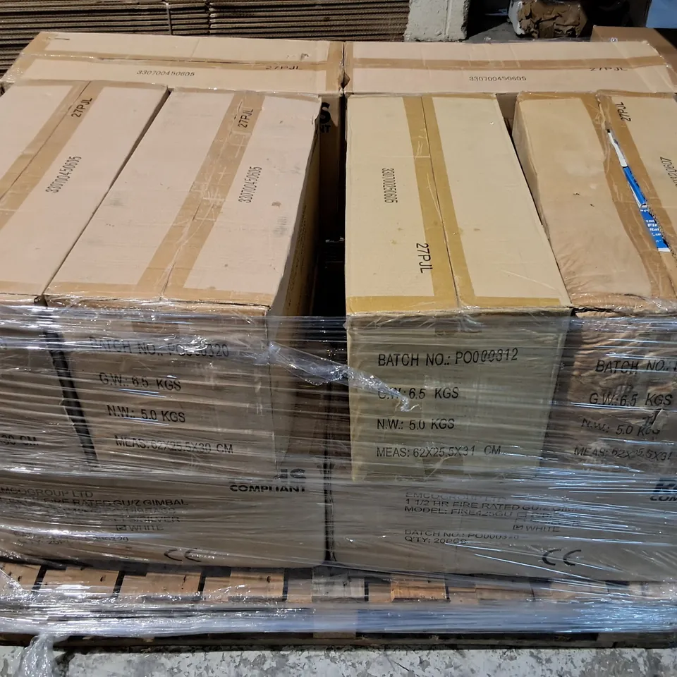 PALLET CONTAINING 12 20-PACK BOXES OF EMCOLITE 100 MINUTE FIRE RATED GU10 GIMBAL DOWNLIGHTS