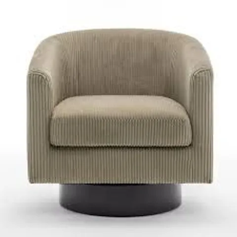 BOXED CAMEL CORDUROY FABRIC UPHOLSTERED 360°SWIVEL ARM CHAIR WITH WOOD BASE(SET OF 1)