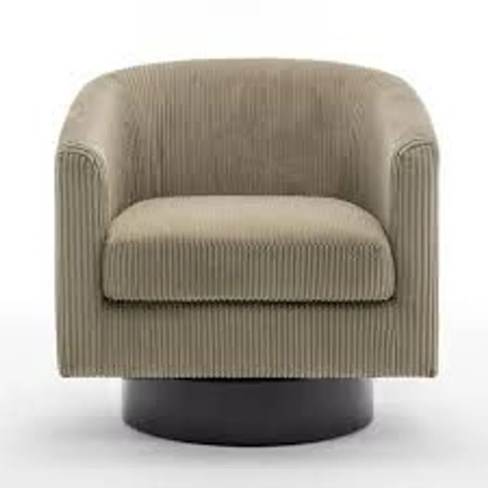 BOXED CAMEL CORDUROY FABRIC UPHOLSTERED 360°SWIVEL ARM CHAIR WITH WOOD BASE(SET OF 1)