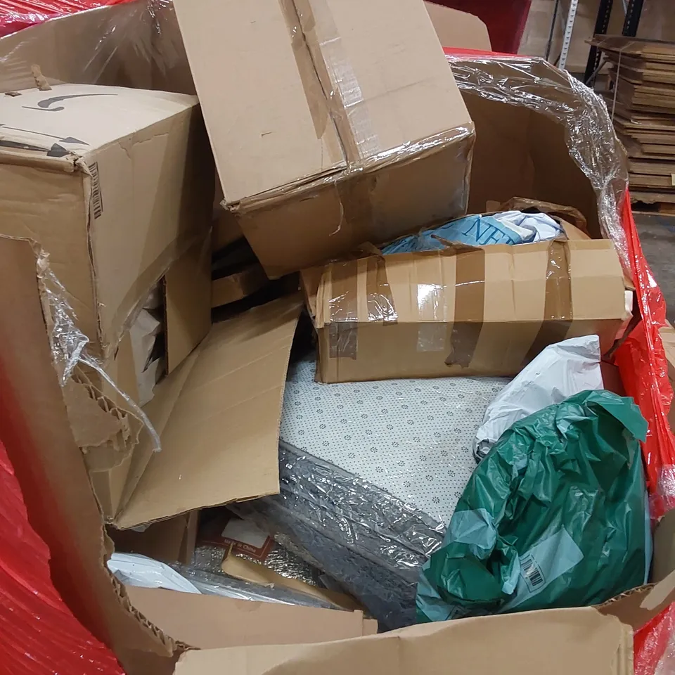 PALLET OF ASSORTED HOUSEHOLD ITEMS AND CONSUMER PRODUCTS. INCLUDING; TV MOUNT STAND, ADJUSTABLE STRENGTH DUMBBELL, BOXED FURNITURE ETC 
