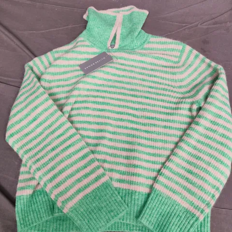 OLIVER BONAS GREEN & CREAM STRIPED COLLARED KNITTED JUMPER - SIZE 8