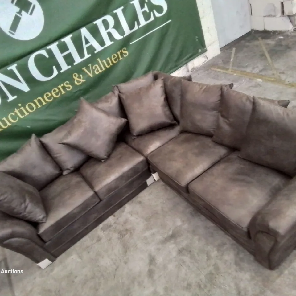 DESIGNER DURY LEATHER LOOK CORNER SOFA - CHOCOLATE  WITH SCATTER BACK CUSHIONS