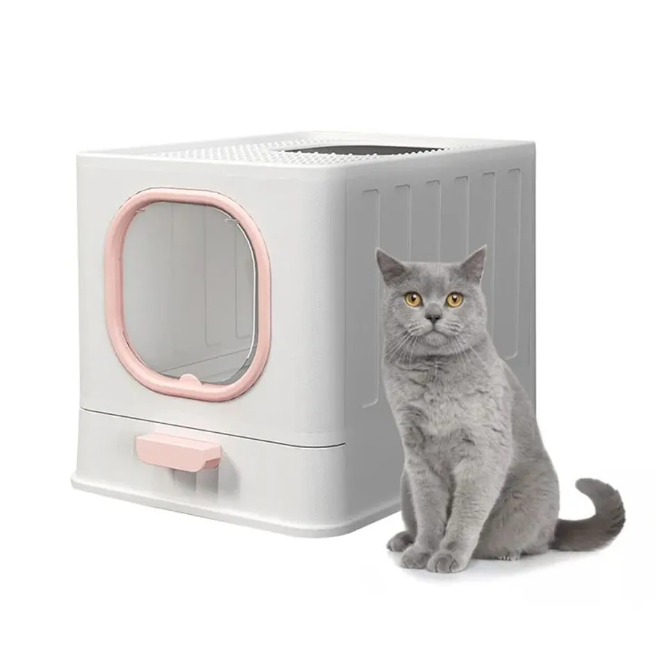 BOXED WAYCROSS PLASTIC STANDARD CAT LITTER BOX WITH 2 ENTRY DOORS /GREY/PINK