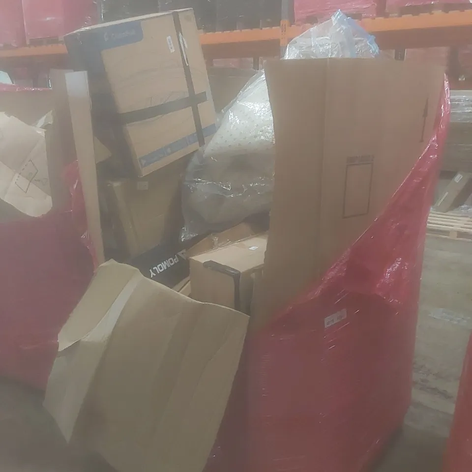 PALLET OF ASSORTED HOUSEHOLD GOODS AND PRODUCTS TO INCLUDE; BABY PEN, CHAIR SUPPORT CUSHION, EINHELL CORDLESS MULTIFUNCTIONAL TOOL ETC