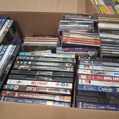 APPROXIMATELY 65 ASSORTED CDS AND DVDS TO INCLUDE; BIG HERO 6, CAPTAIN AMERICA, BILKY ELLIOT, REM AND U2
