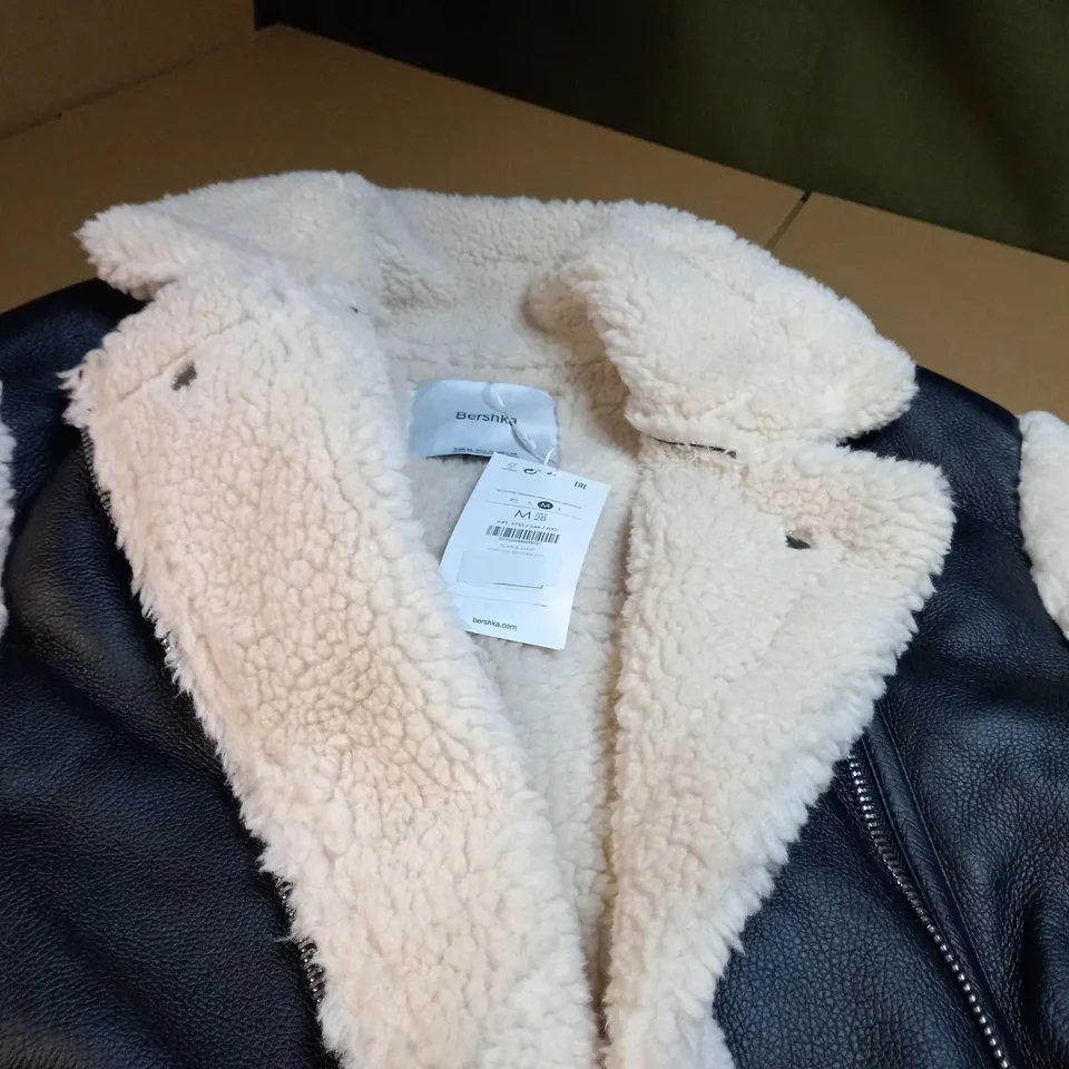 BERSHKA BORG LINED FAUX LEATHER WOMENS GILET - MEDIUM