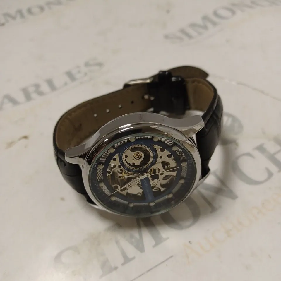 MENS LOUIS LACOMBE AUTOMATIC WATCH – SKELETON DIAL – GLASS EXHIBITION BACK CASE – LEATHER STRAP