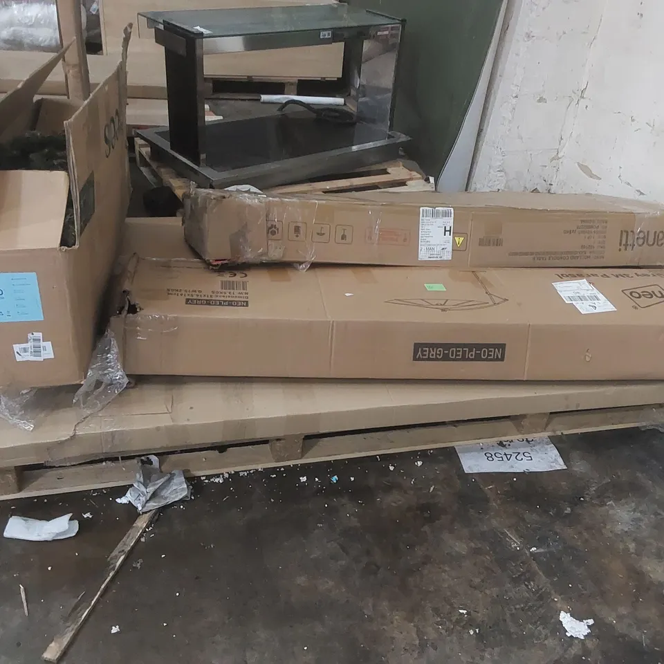 PALLET CONTAINING ASSORTED DESIGNER FURNITURE PARTS, ARTIFICIAL CHRISTMAS TREE, LED PARASOL ECT