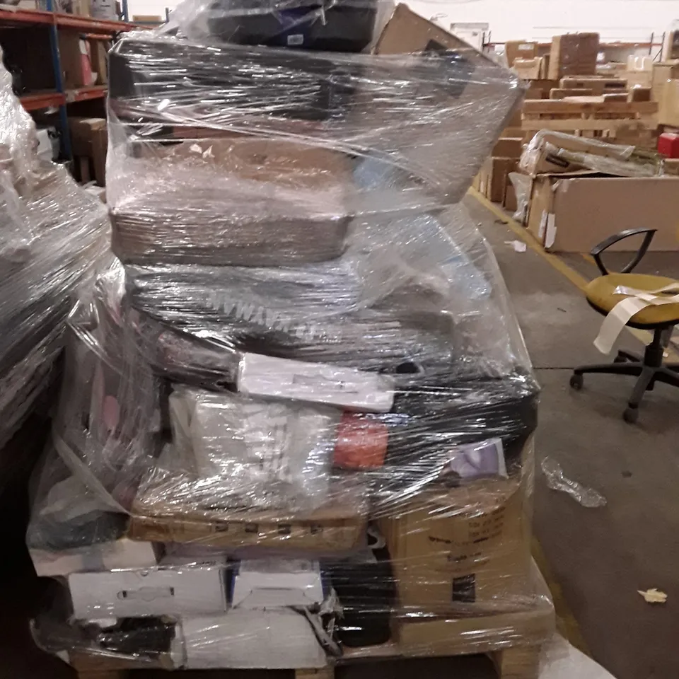 PALLET OF ASSORTED HOUSEHOLD GOODS AND PRODUCTS TO INCLUDES:SUITCASES,YOGA MATT,MEDICINE BALL,VACUUM CLEANER 