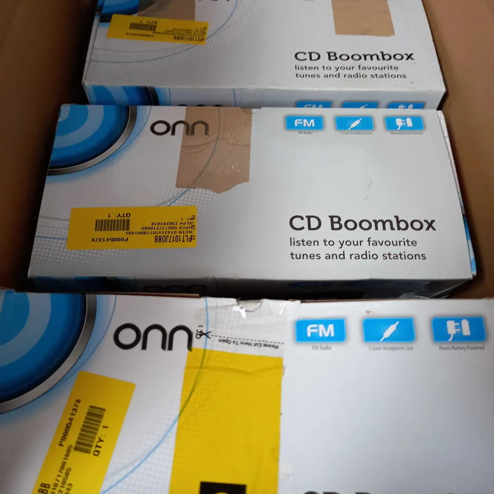 BOX OF 3 X ONN CD BOOMBOXES AND 3 X PAIRS OF HEADPHONES