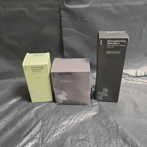 SONS LOT OF 3 ASSORTED HAIRCARE PRODUCTS TO INCLUDE - STRENGTHENING SHAMPOO - MINOXIDIL 5% - FINASTERIDE, MINOXIDIL & TRETINOIN SOLUTION