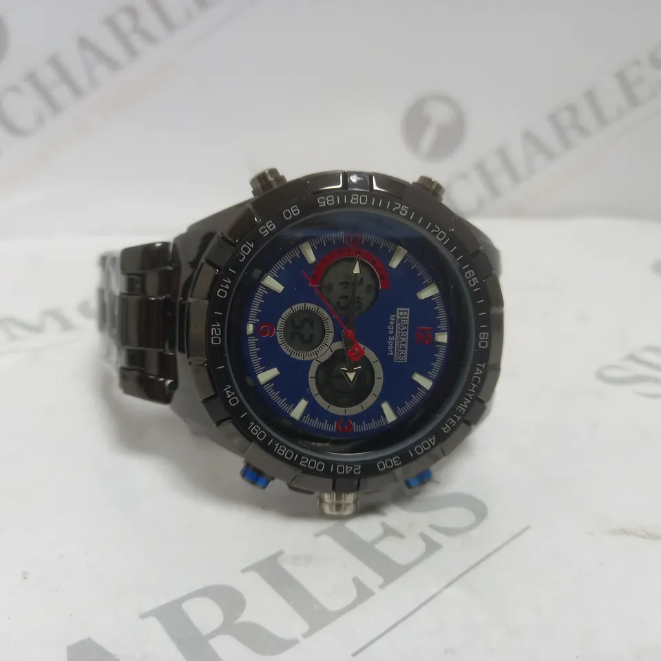 BOXED BARKERS OF KENSINGTON MEGA SPORT WATCH WITH BLUE FACE & BLACK STRAP 