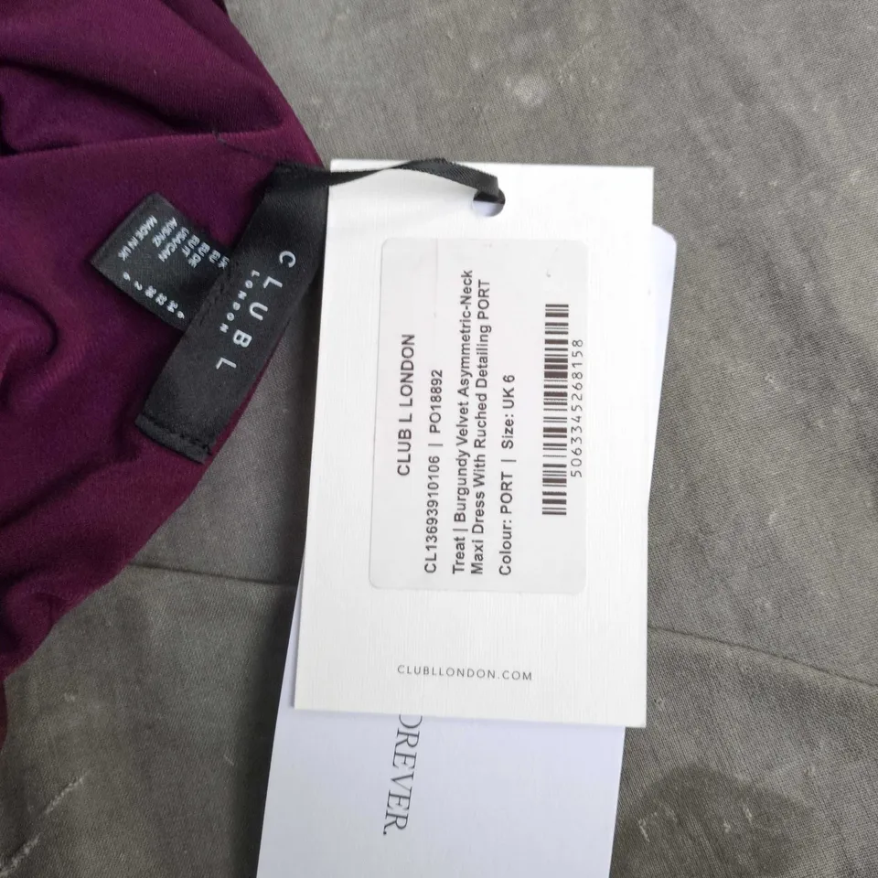 CLUB L LONDON BURGUNDY VELVET ONE-SHOULDER DRESS, UK 6