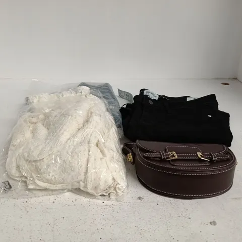 BOX OF APPROXIMATELY 25 ASSORTED CLOTHING ITEMS TO INCLUDE RIVER ISLAND JEANS, SMALL BROWN BAG ETC