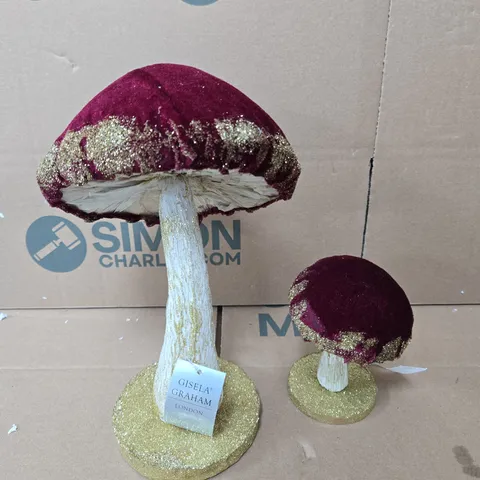 GISELA GRAHAM CHRISTMAS BURGUNDY VELVET STANDING MUSHROOMS