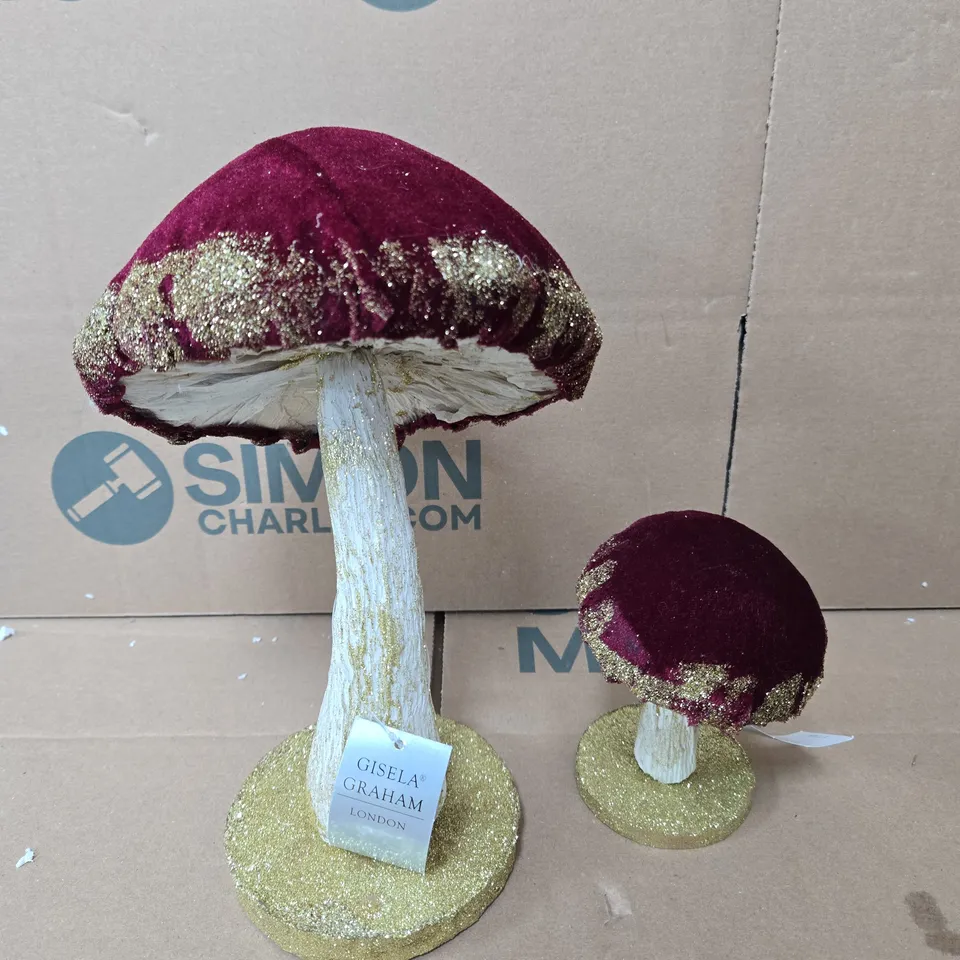 GISELA GRAHAM CHRISTMAS BURGUNDY VELVET STANDING MUSHROOMS