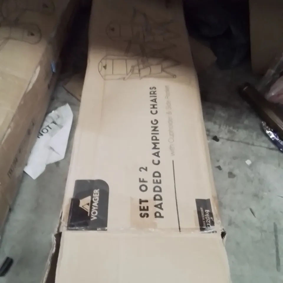 BOXED VOYAGER SET OF 2 PADDED CAMPING CHAIRS BLACK AND GREY