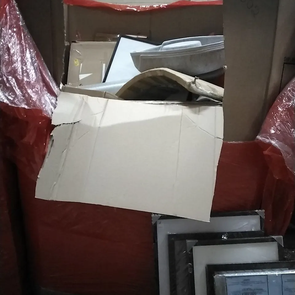 PALLET OF HOUSEHOLD ITEMS TO INCLUDE PICTURE FRAMES, GOLF PUTTING MAT, SAFE DARTS,RUG AND OTHER ASSORTED ITEMS...