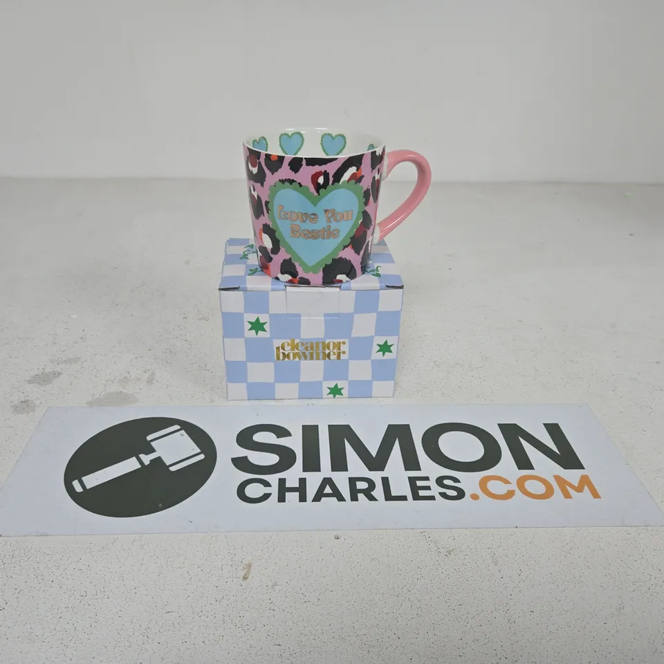 ELEANOR BOWMAN CERAMIC MUG – 'LOVE YOU BESTIE' LEOPARD PRINT, PINK HANDLE