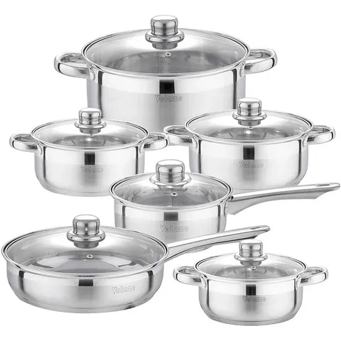 BOXED VELAZE MOTTI APPROXIMATELY 12 PIECE STAINLESS STEEL COOKWARE SET (1 BOX)