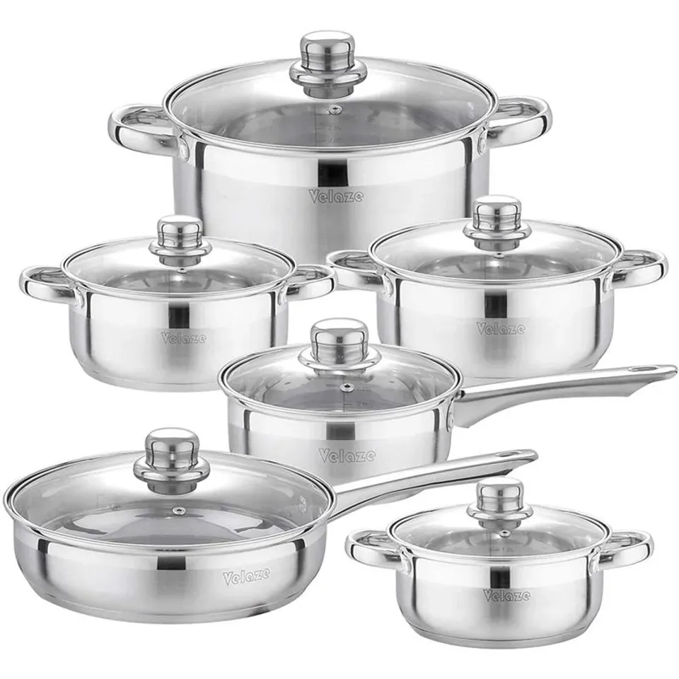 BOXED VELAZE MOTTI APPROXIMATELY 12 PIECE STAINLESS STEEL COOKWARE SET (1 BOX)