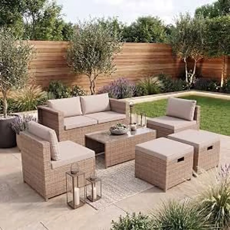 BOXED VIDA ISLAY 6 SEATER RATTAN SET - NATURAL // ALL CUSHIONS AND TABLE MISSING (1 BOX)