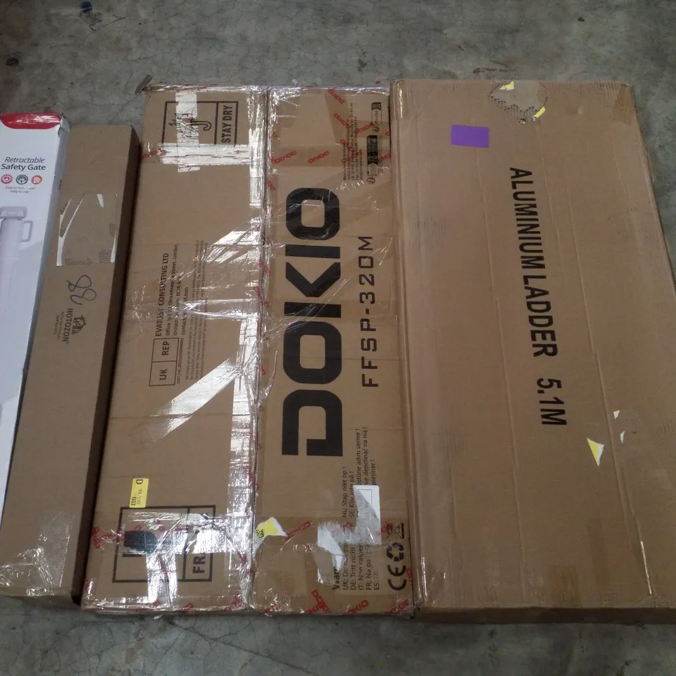 PALLET CONTAINING ASSORTED PRODUCTS INCLUDING ALUMINIUM LADDER, RETRACTABLE SAFETY GATE, CURTAIN ROD & SOLAR PANEL